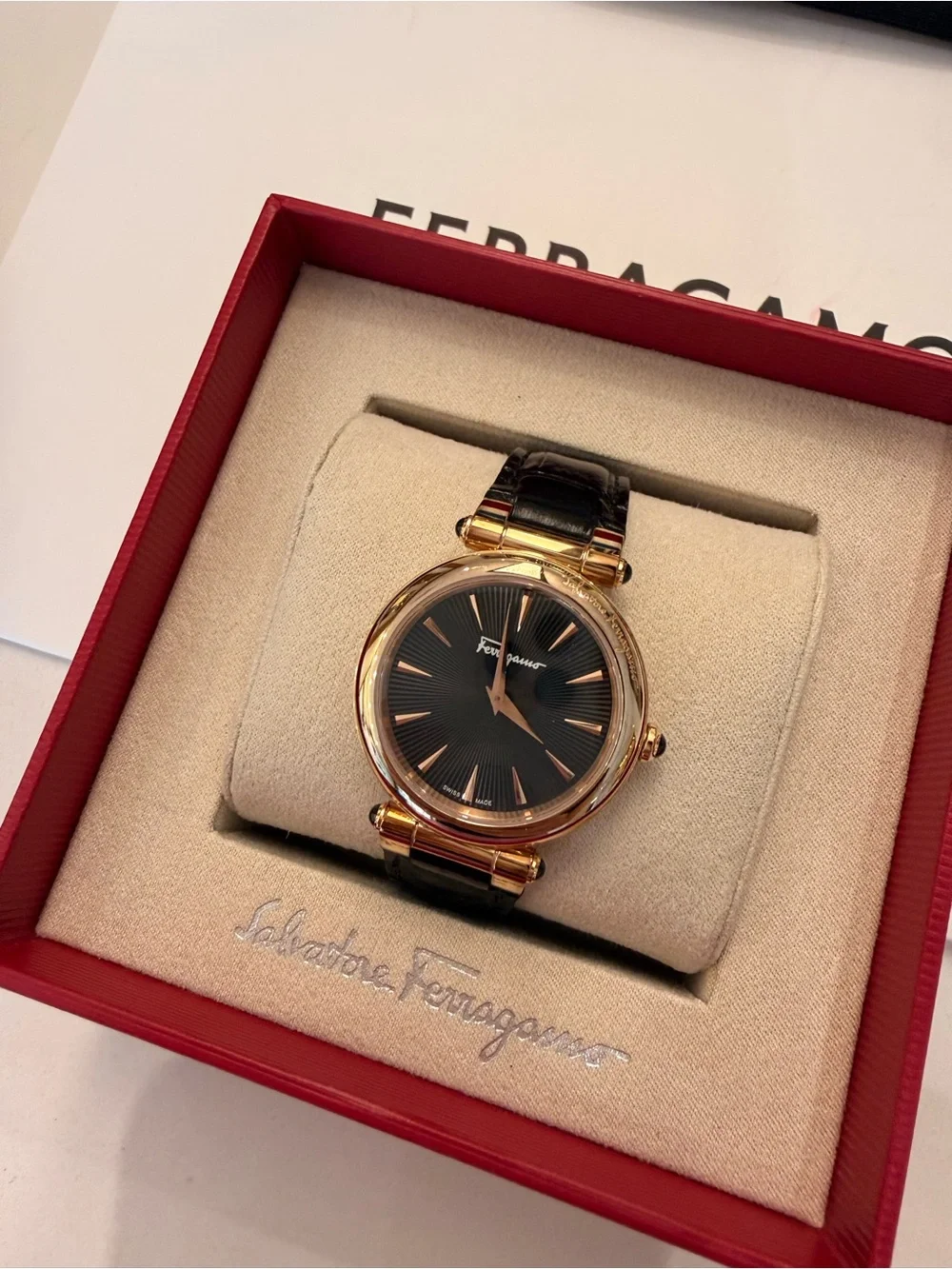 Salvatore Ferragamo Idillio SFYP01122 Black Croc Embossed 36mm Rose Gold Watch